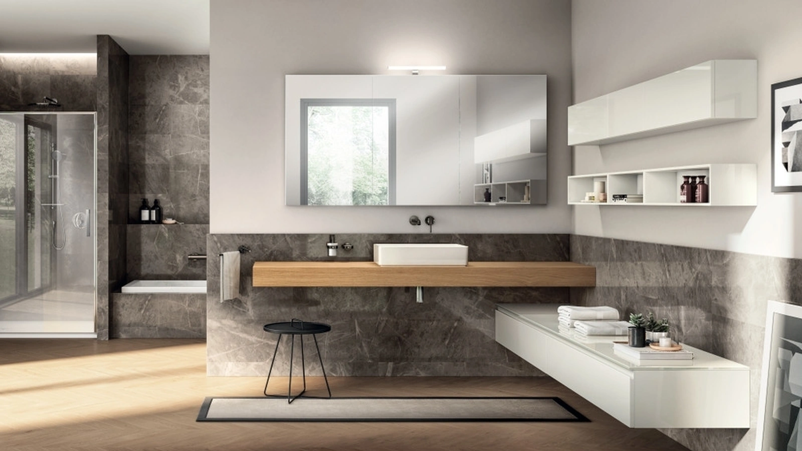 Mobile da Bagno Juno Laccato Lucido Bianco Prestige con piano in Rovere di Scavolini Bathrooms
