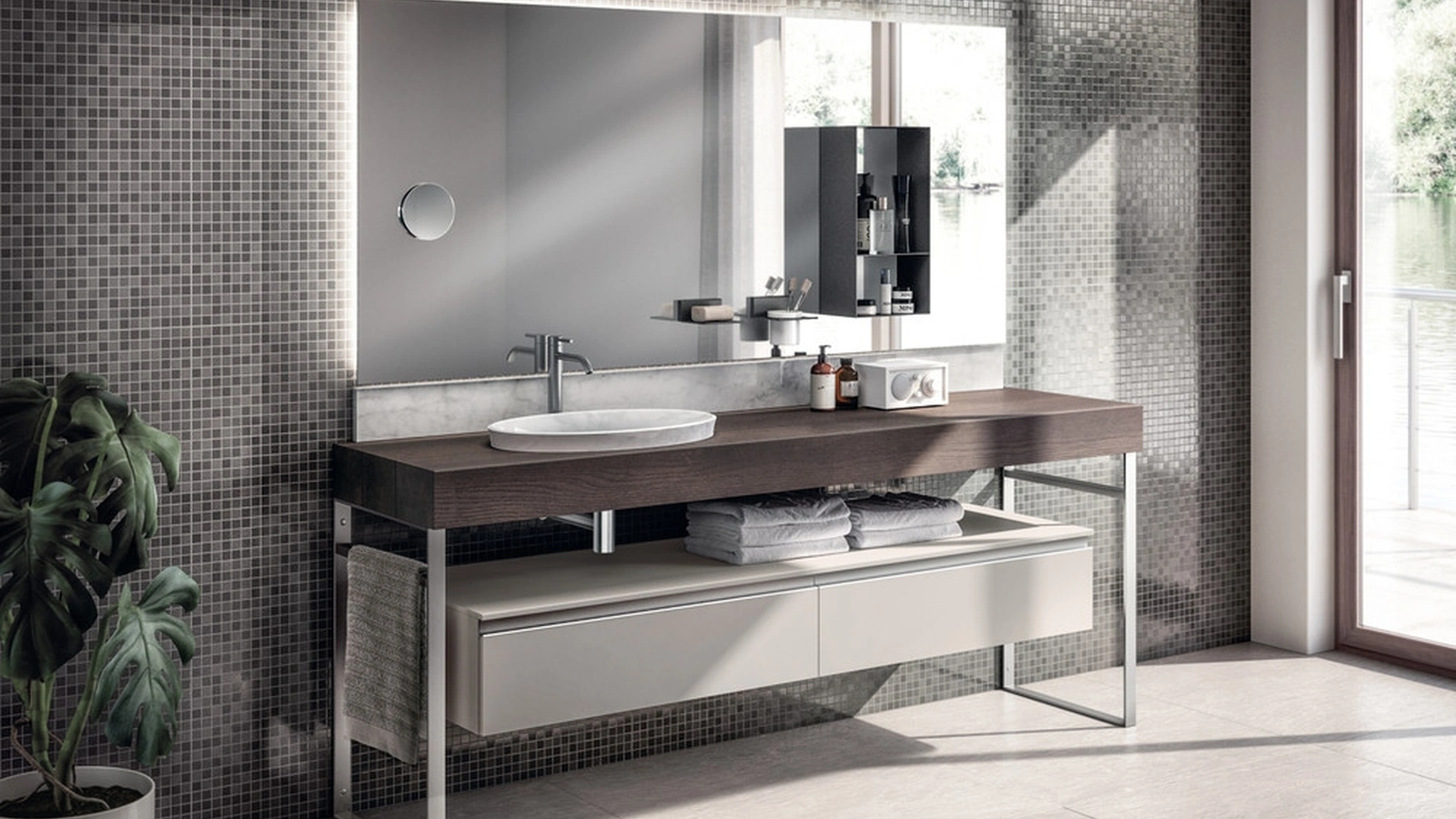 Mobile da Bagno Tratto Laccato Opaco Grigio Chiaro e Rovere di Scavolini Bathrooms