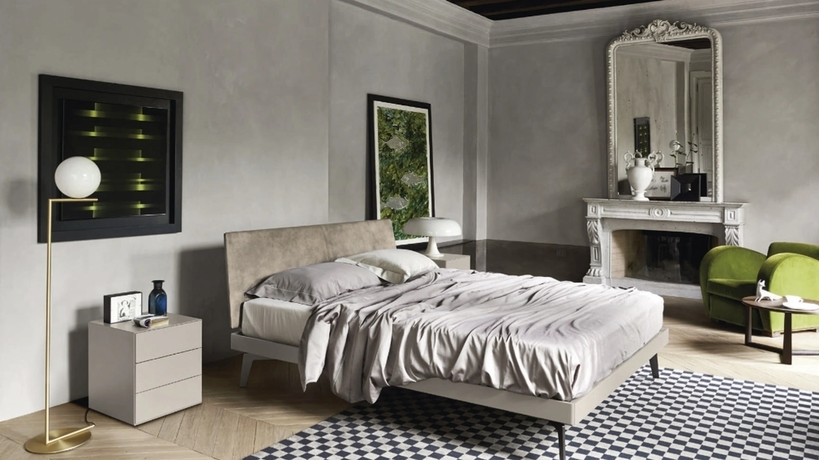 Letto Aliante 2|0 con testiera in pelle e giroletto laccato di Sangiacomo