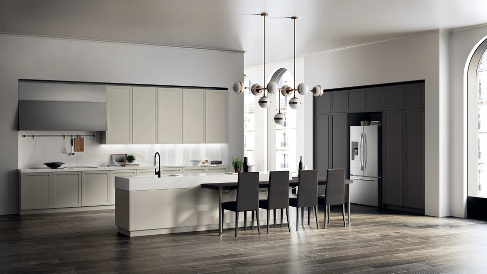 Cucina su misura con isola Carattere 10 laccato Tortora e Grigio Ferro di Scavolini